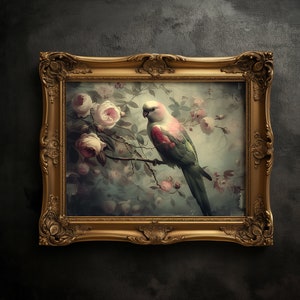 Vintage Parrot Print | Moody Bird Wall Art | Dark Academia | Cabin Decor | Antique Oil Painting | Goth Cottagecore | Digital Download