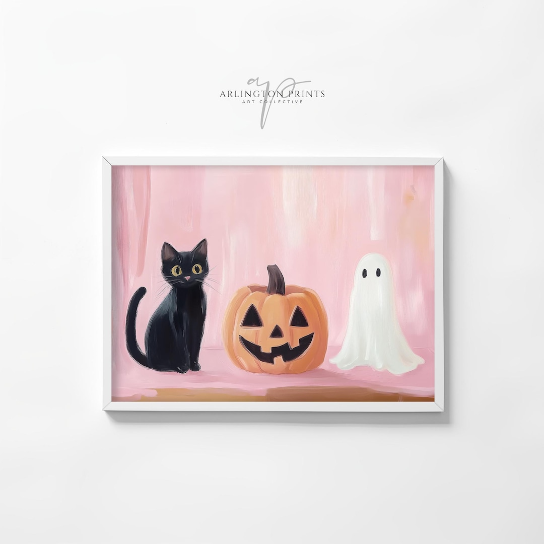 Cute Ghost and Black Cat Print, Jack-o-lantern Wall Art, Pink Girly ...