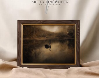 Black Swan Art Print, Dark Cottagecore Wall Art, Printable Moody Lake Painting, Gothic Nature Decor, Elegant Animal Print #1672