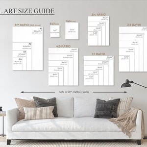 May include: Wall art size guide with various aspect ratios and dimensions, including 5x7 inch, 11x14 inch, and 24x36 inch sizes. The guide also shows the sofa width, which is 90 inches wide.