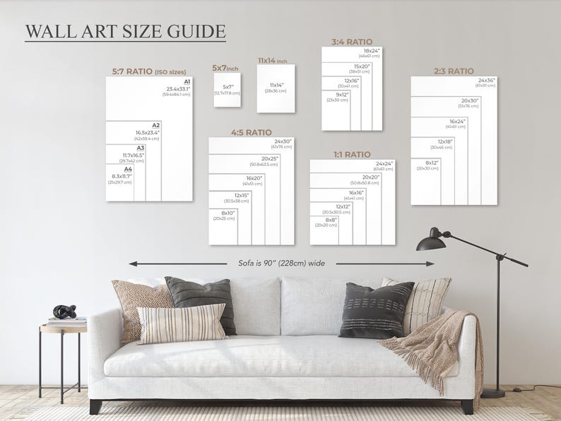 May include: Wall art size guide with various aspect ratios and dimensions, including 5x7 inch, 11x14 inch, and 24x36 inch sizes. The guide also shows the sofa width, which is 90 inches wide.