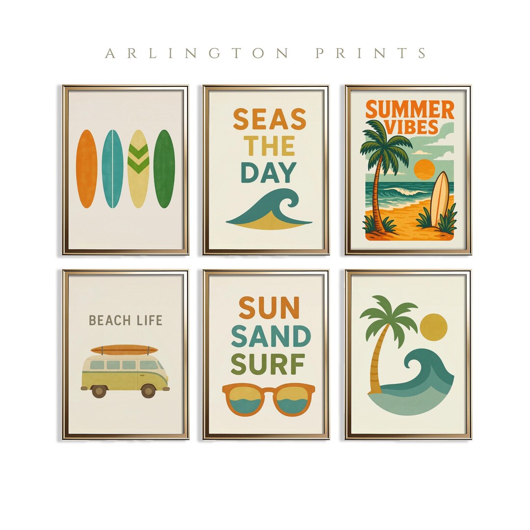 Retro Coastal Wall Art Set of 6, Printable Trendy Summer Prints, Surf ...