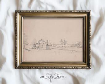 Vintage Rural Farm Artwork, Rustic House & Barn Scene, Neutral Beige Farmhouse Wall Art, Country Home Decor Print | T811