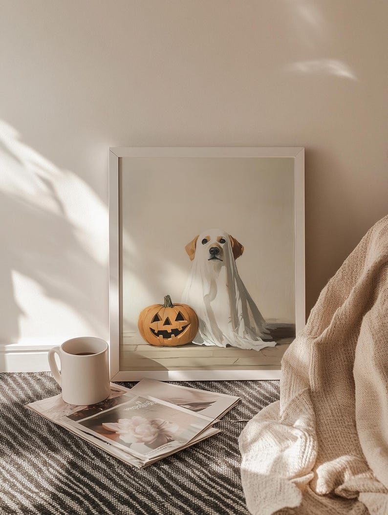 Cute Ghost Dog Halloween Art, Trick or Treat, Dog in Ghost Costume