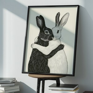 Rabbit Art Print, Rustic Cottage Aesthetic, Bunnies, Farmhouse Nursery, Instant Download, Poster Print, Rabbit Artwork, Folk Art Printable, Hygge Art, Scandinavian Minimalist, Black and White, Monochrome, Modern Art, Friendship, Vintage Illustration