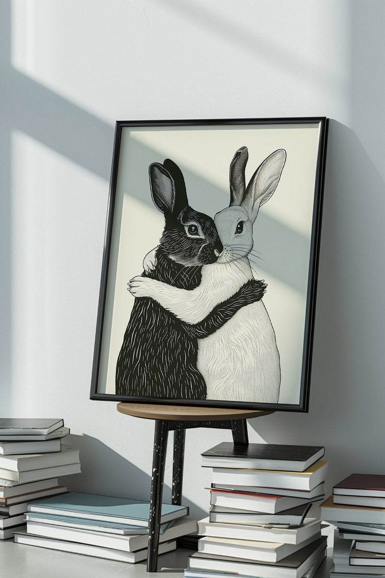 Rabbit Art Print, Rustic Cottage Aesthetic, Bunnies, Farmhouse Nursery, Instant Download, Poster Print, Rabbit Artwork, Folk Art Printable, Hygge Art, Scandinavian Minimalist, Black and White, Monochrome, Modern Art, Friendship, Vintage Illustration