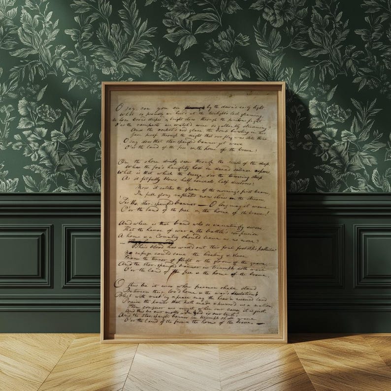 Vintage artwork of the Star-Spangled Banner in Francis Scott Key’s original 1814 handwriting, perfect for 4th of July and patriotic home decor.