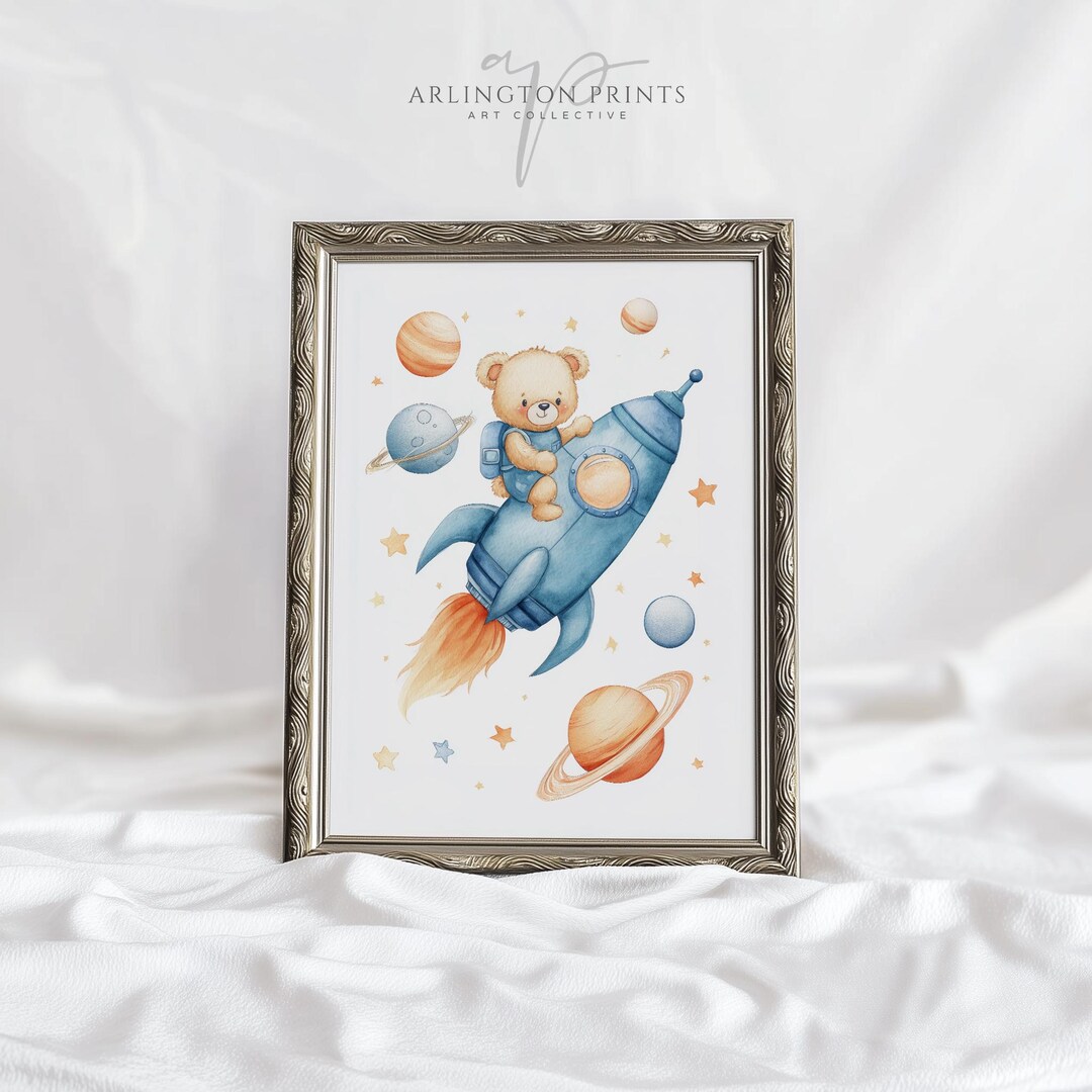 Space Bear Nursery Art Printable, Baby Boy Rocket Ship Wall Decor ...