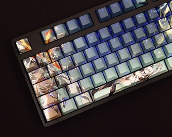 May include: A black mechanical keyboard with a custom keycap set featuring an anime design. The keycaps have a light blue backlight and feature a green and white anime character design.