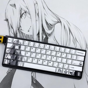 May include: A white mechanical keyboard with black keycaps and a custom keycap set featuring an anime character. The keyboard has Japanese characters on the keys.