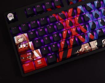 May include: A black mechanical keyboard with custom keycaps featuring anime characters. The keycaps are red, white, and blue with a black and white striped pattern. The keyboard has a purple backlight.