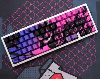 May include: A white mechanical keyboard with keycaps featuring a purple, pink, and black design. The keycaps have a gradient color scheme and a graphic of a character. The keyboard is on a patterned surface.