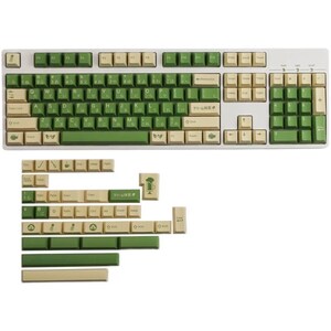 May include: A white mechanical keyboard with green and beige keycaps. The keyboard has a full layout with function keys, arrow keys, and a number pad. The keycaps have Japanese characters and symbols printed on them.