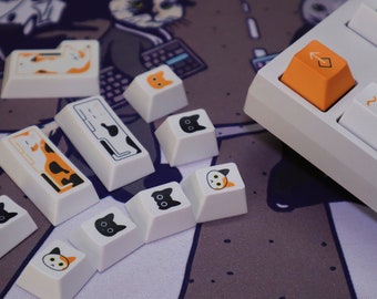 Calico Cat White Orange English PBT 140 keys Cherry Profile Keycaps Set, Cute Keycaps, Custom Keycaps