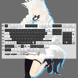 May include: A black and white keyboard with a white and blue design. The keyboard has a variety of keys, including function keys, number keys, and letter keys. The keyboard also has a few special keys, such as a "Caps Lock" key and a "Shift" key. The keyboard is labeled with the text "Shirakami fubuki" and "白上フブキ".