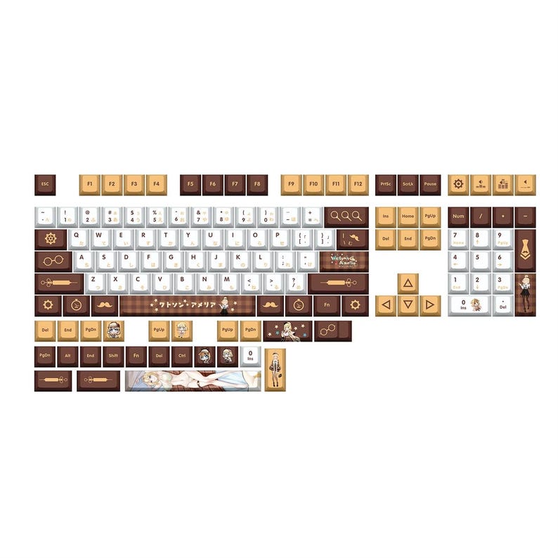 Puede incluir: Un teclado marr&oacute;n y blanco con un dise&ntilde;o steampunk. El teclado tiene una variedad de teclas, incluyendo letras, n&uacute;meros y s&iacute;mbolos. Las teclas est&aacute;n decoradas con im&aacute;genes de engranajes, pi&ntilde;ones y otros elementos steampunk. El teclado tambi&eacute;n tiene un conjunto de teclas marr&oacute;n y blanco con im&aacute;genes de personajes de anime. El conjunto de teclas incluye una tecla con el texto "ワトソン・アメリア".