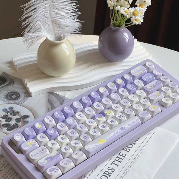 Lavender Dreaming English PBT 130 keys MOA Profile Keycaps Set, Cute Keycaps, Custom Keycaps