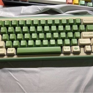 May include: A green and cream keyboard with Japanese characters and symbols. The keyboard has a cream-colored frame and green keys. The keys have white lettering and some have small green symbols. The keyboard has a row of function keys at the top and a row of arrow keys on the right side. The keyboard has a cream-colored space bar with the word "Super" printed on it.