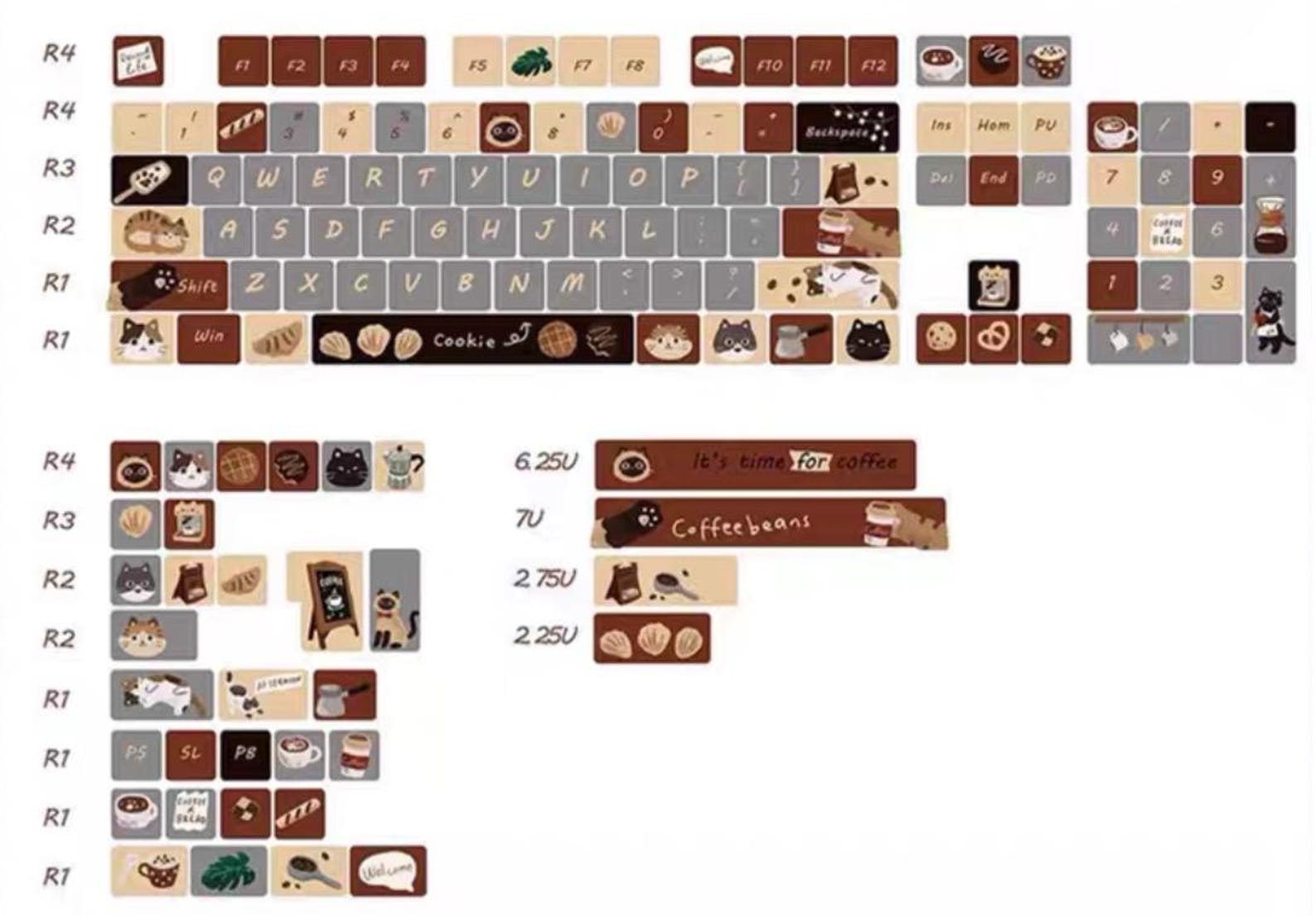 Coffee Beans Cat English PBT 138 Keys MOA Profile Keycaps Set, Cute