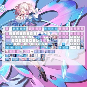 May include: A custom mechanical keyboard keycap set featuring a colorful anime-style design. The keycaps are primarily pink and blue, with various character illustrations and symbols. The set includes a full array of keys, with unique designs on the space bar and other modifier keys.