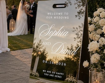 Mirrored Acrylic A-Frame Wedding Welcome Sign, Double Sided Seating Chart, Modern Reception Decor