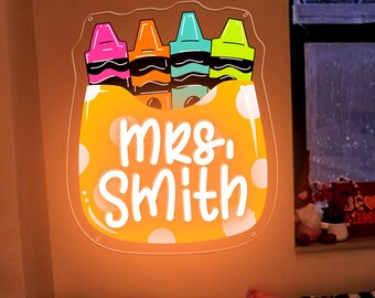 Personalized Crayon Box Teacher Name Neon Sign, Classroom Decor
