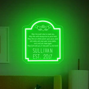 Personalisiertes irisches Claddagh-Gedicht-Leuchtreklame, mit Familiennamen und est-Datum, irisches Segensgeschenk, neuer Hauptsegen, irisches Hochzeitsgeschenk