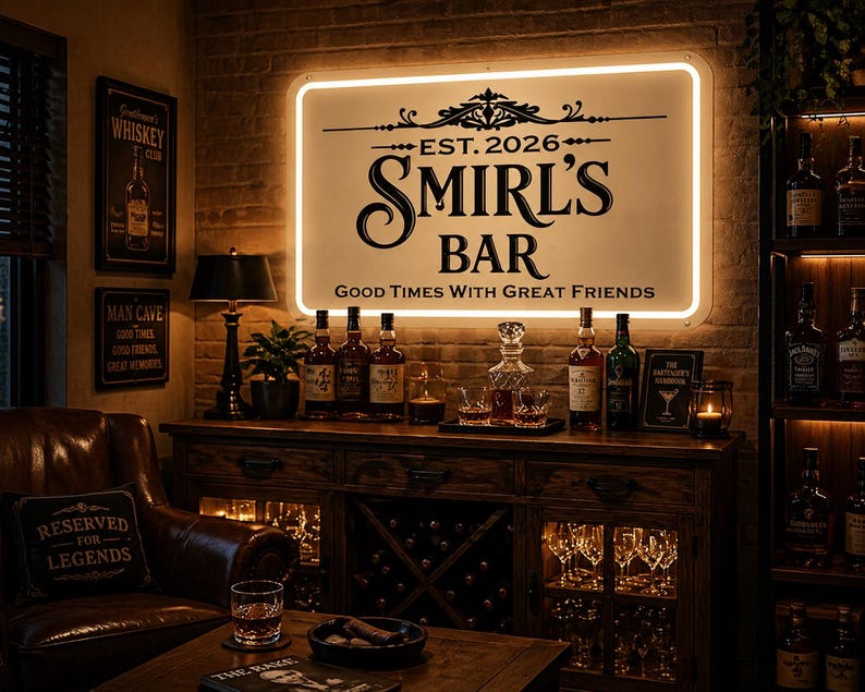May include: A dimly lit bar area with a large illuminated sign that reads "SMIRL'S BAR" and "Good Times With Great Friends". The bar features a wooden cabinet with bottles, glasses, and a decanter. A leather armchair and a table with a glass of whiskey are in the foreground.