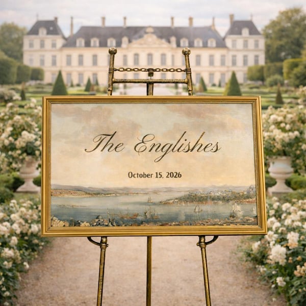 Personalized Vintage Landscape Wedding Welcome Sign, Gold Framed Garden Decor