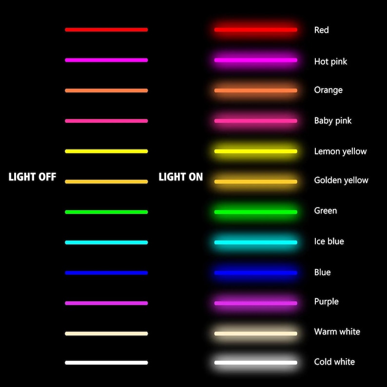 May include: A black background displays a color chart of neon lights. The left side shows the lights off, and the right side shows the lights on. Colors include red, hot pink, orange, baby pink, lemon yellow, golden yellow, green, ice blue, blue, purple, warm white, and cold white.