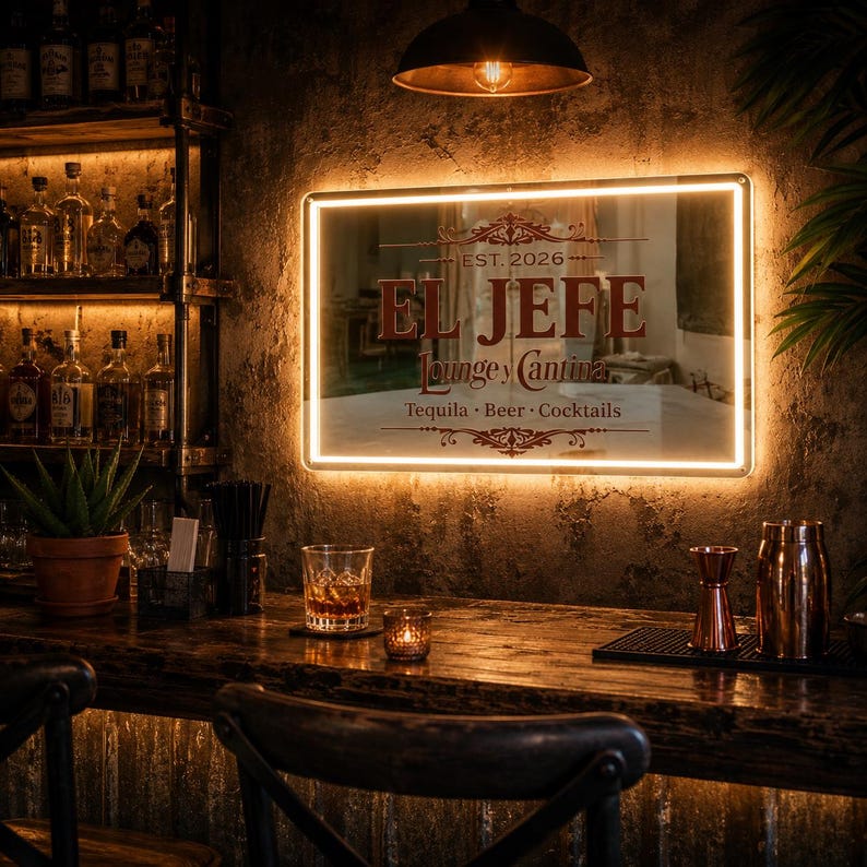 May include: A lit rectangular sign with the words "EL JEFE Lounge y Cantina" in red, above a bar with drinks and barware. The sign has a warm, glowing border. The bar is made of dark wood, with a rustic, vintage aesthetic.