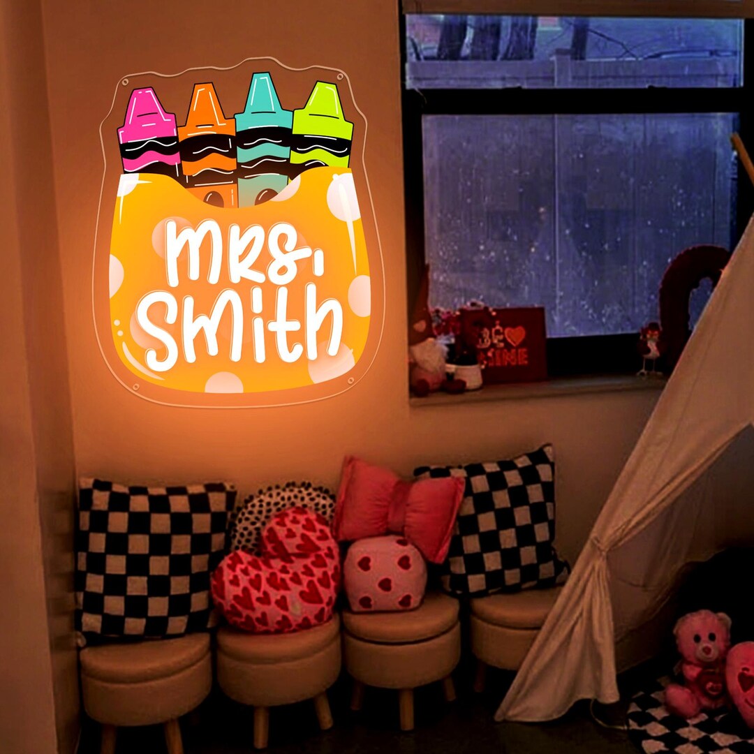 Personalized Crayon Box Teacher Name Neon Sign, Classroom Decor - Etsy