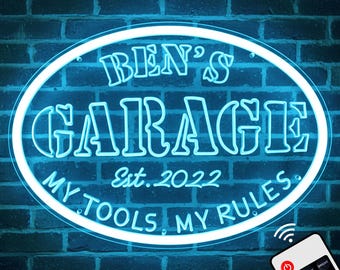 Benutzerdefinierte Garage Neon Schilder, Garagenschild, personalisierte Light Up Garage Schilder, Geschenk für Papa, Geschenk für Ehemann, Mannhöhle Dekor, Werkstatt Autoschild