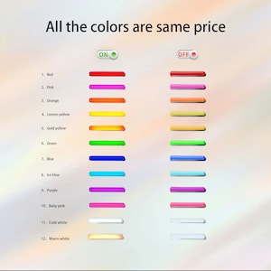 K&ouml;nnte beinhalten: Eine Tabelle mit 12 verschiedenen Farben und dem Text "All the colors are same price" oben. Die Farben sind Rot, Rosa, Orange, Zitronengelb, Goldgelb, Gr&uuml;n, Blau, Eisblau, Lila, Babyrosa, Kaltwei&szlig; und Warmwei&szlig;. Die Tabelle zeigt die Farben mit den W&ouml;rtern "ON" und "OFF" &uuml;ber den Farben.