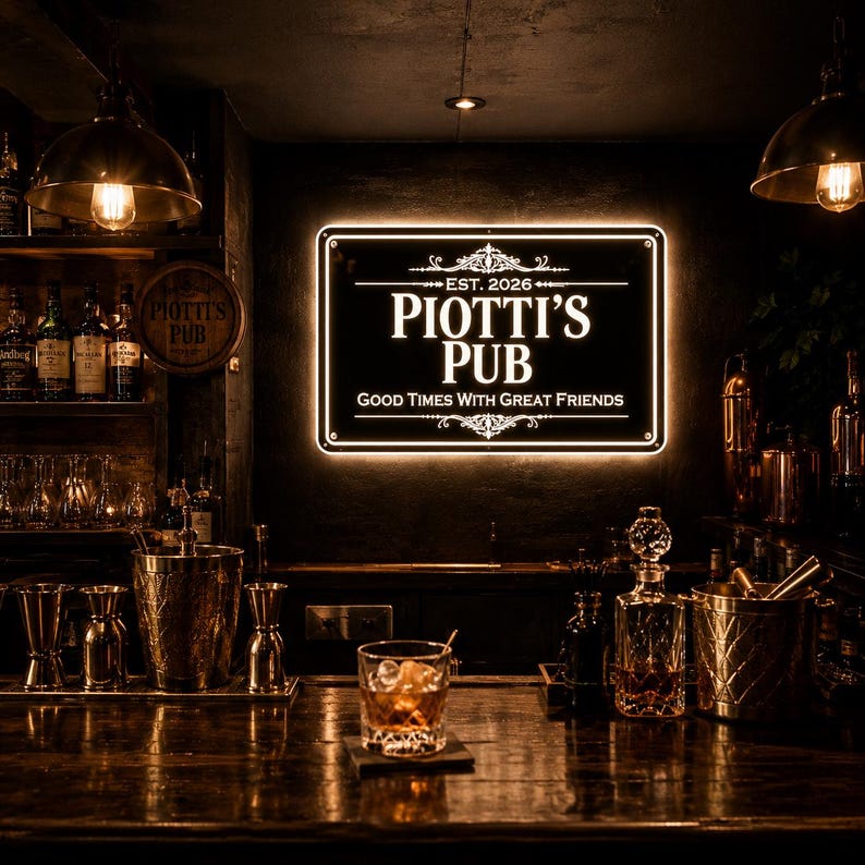 May include: A dimly lit pub scene with a glowing sign that reads "Piotti's Pub" and "Good Times With Great Friends." The bar is stocked with bottles, glasses, and bar tools. A cocktail sits on the wooden bar.