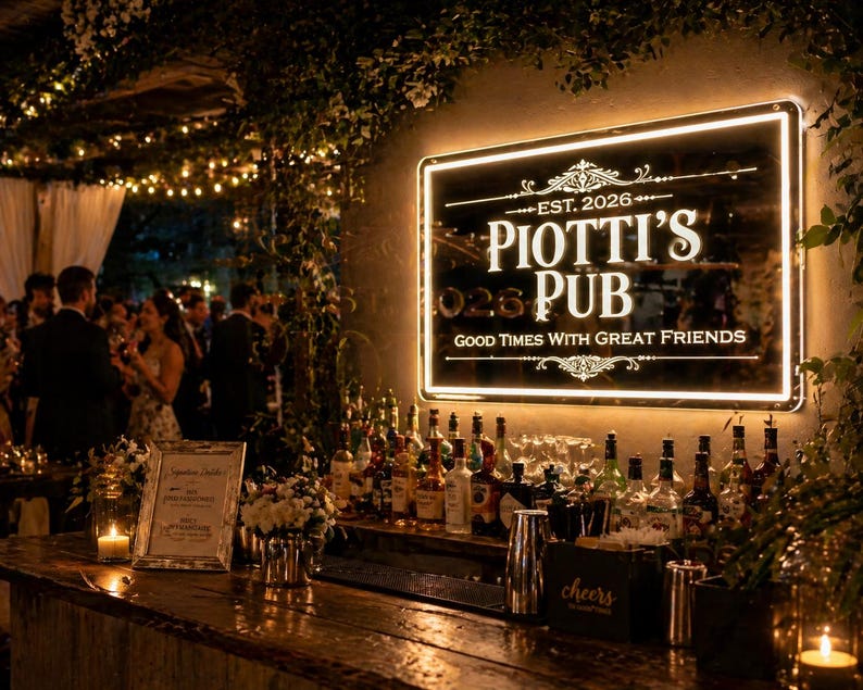May include: Lit-up sign for Piotti's Pub, established in 2026, with the phrase "Good Times With Great Friends." The bar is stocked with bottles and glassware. A wooden bar and candles are in the foreground.