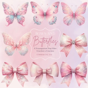 Transform your creative projects with our enchanting "Bows and Butterflies Clipart Set." This set includes 8 beautifully designed, high-resolution PNG files, perfect for adding a touch of magic and elegance to any creation.