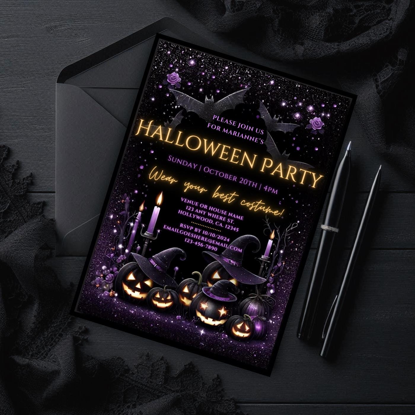 Editable Halloween Party Invitation, Purple Black Neon Jack O Lanterns ...