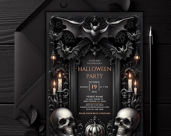Printable Gothic Bat Skull Halloween Party Invitation, Dark Jack O Lantern Costume Party Invite, Digital October Event Evite, Horror Vampire