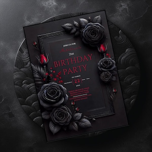 Romantic Gothic Roses Invitation | Dark Floral Birthday Invite | Customizable 5x7 Digital Download | Dark Fantasy Party Invite | Black and Red Birthday Party | Valentine's Birthday. Printable Black Red Floral Birthday Party, 5x7 Dark Moody Event.
