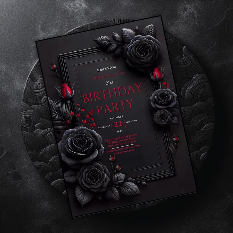 Romantic Gothic Roses Invitation | Dark Floral Birthday Invite | Customizable 5x7 Digital Download | Dark Fantasy Party Invite | Black and Red Birthday Party | Valentine's Birthday. Printable Black Red Floral Birthday Party, 5x7 Dark Moody Event.