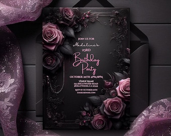 Black and Pink Gothic Floral Invitation, Gothic Birthday, Customizable, Birthday Invite, Halloween, Dark Fantasy, Canva Digital Download,