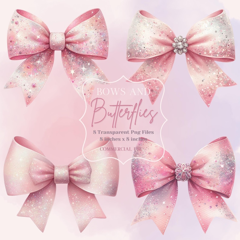 Transform your creative projects with our enchanting "Bows and Butterflies Clipart Set." This set includes 8 beautifully designed, high-resolution PNG files, perfect for adding a touch of magic and elegance to any creation.