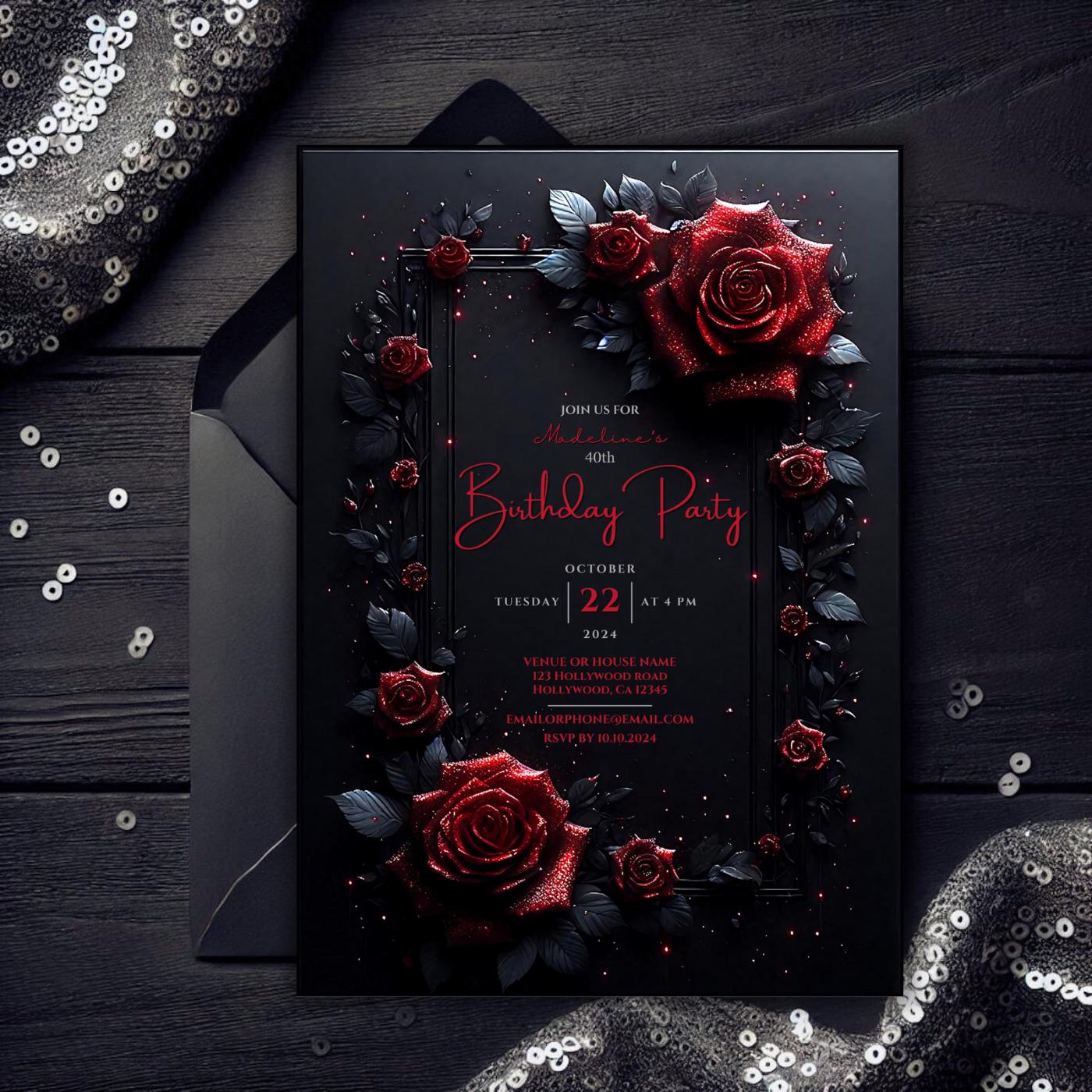 Editable Black and Red Glittering Roses Invitation, Gothic Birthday ...