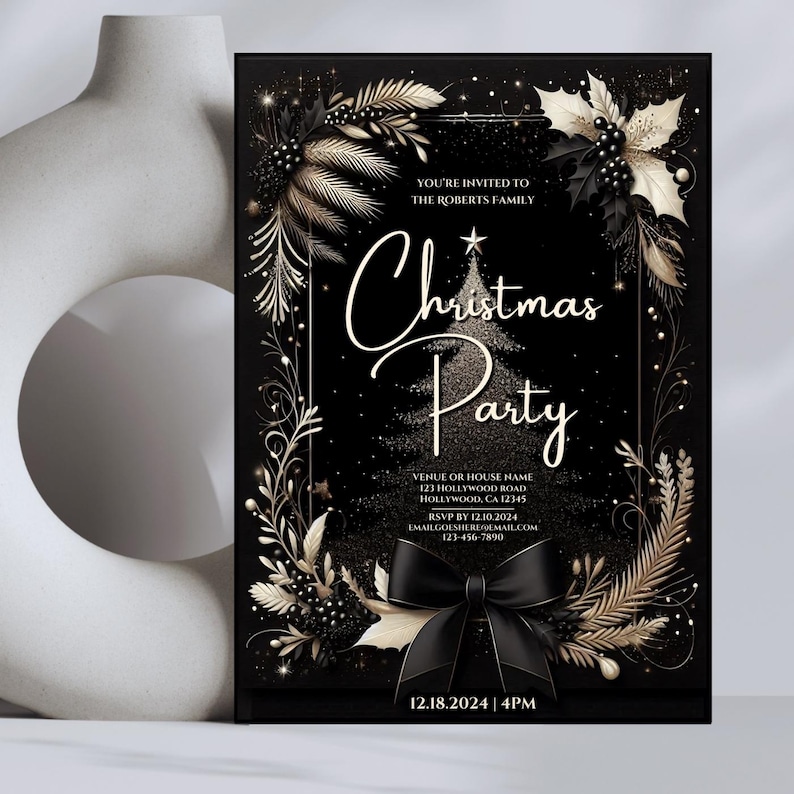 elegant Christmas invitation, black gold Christmas invite, formal holiday, digital Christmas party invite, printable Christmas, holiday party, editable Christmas, black tie Christmas, elegant holiday, chic Christmas, personalized Christmas invite,