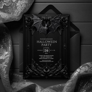 Uitnodiging donkere gotische vleermuis, zwarte feestuitnodiging, geheel zwarte uitnodiging, canva uitnodigen, elegante verjaardagsuitnodiging, bewerkbare uitnodiging, Halloween,