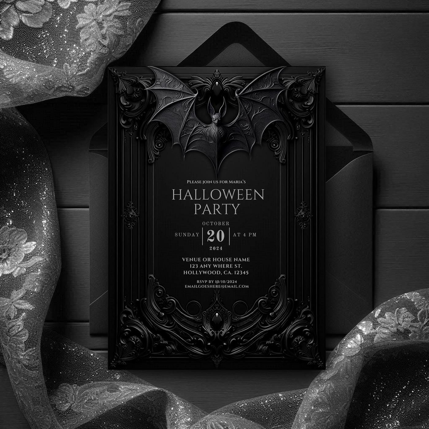 Dark Gothic Bat Invitation, Black Party Invite, All Black Invitation, Canva Invite, Elegant Birthday Invite, Editable Invitation, Halloween,