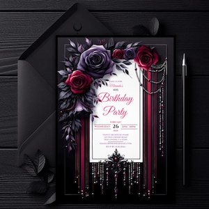 Invitación de cumpleaños elegante y oscura con diseño floral editable / Invitación de fantasía con cuentas con rosas góticas moradas y rojas / Plantilla digital de 5 x 7