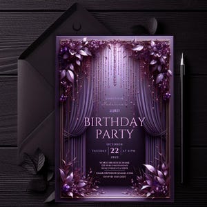 Bewerkbare elegante bloemen amethist verjaardagsuitnodiging voor verjaardagsfeestje, paarse Glam Gothic verjaardagsuitnodiging, 5 x 7 digitale canvas sjabloon, afdrukbare Evite