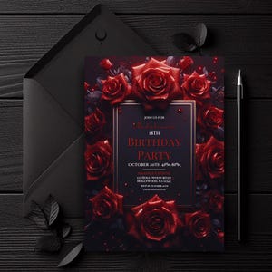 Bearbeitbare rote und schwarze Geburtstagseinladung, Rosen-Einladung, rote Rosen einladen, druckbare einladen, digitaler Download einladen, Canva Design